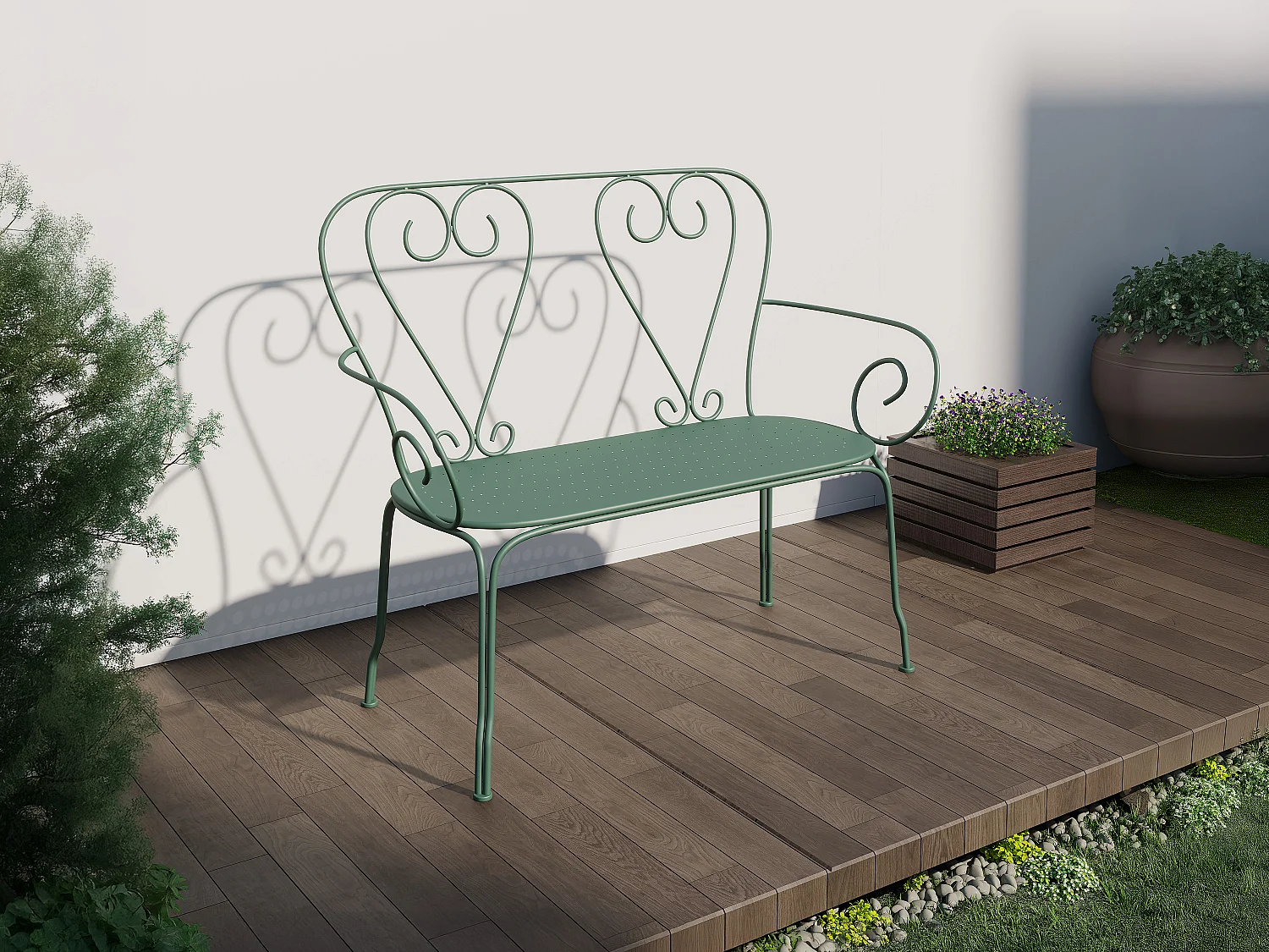 Metalen tuinbank met smeedijzer aspect - Amandelgroen - GUERMANTES van MYLIA