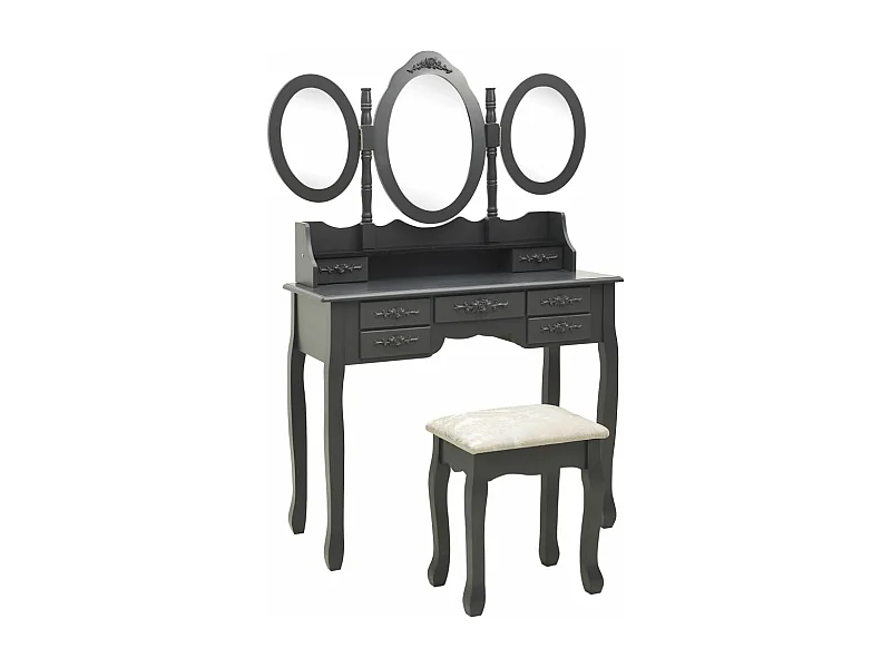 Tocador mesa de maquillaje mueble de diseño mueble de dormitorio con taburete y espejo 90 x 40 x 146 cm plegable en 3 gris 02_0006270