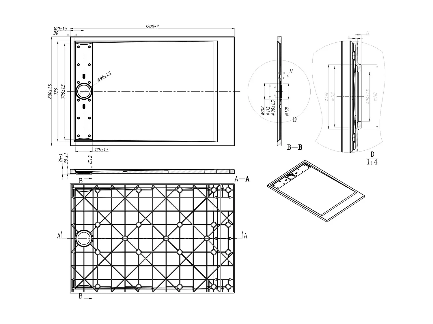 Receveur de douche extra plat à poser ou à encastrer recoupable en résine  SMC - Blanc - 120 x 80 cm - LYROSA