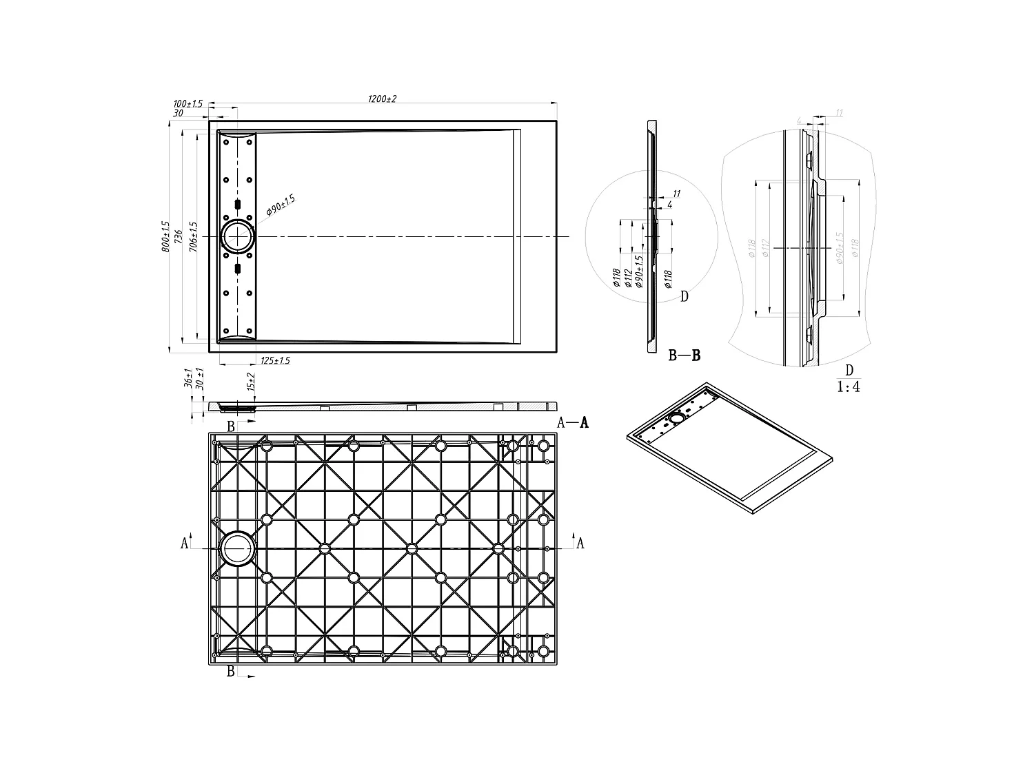 Plato de ducha de resina para instalar o empotrar - Blanco - 120 x 80 cm - LYROSA