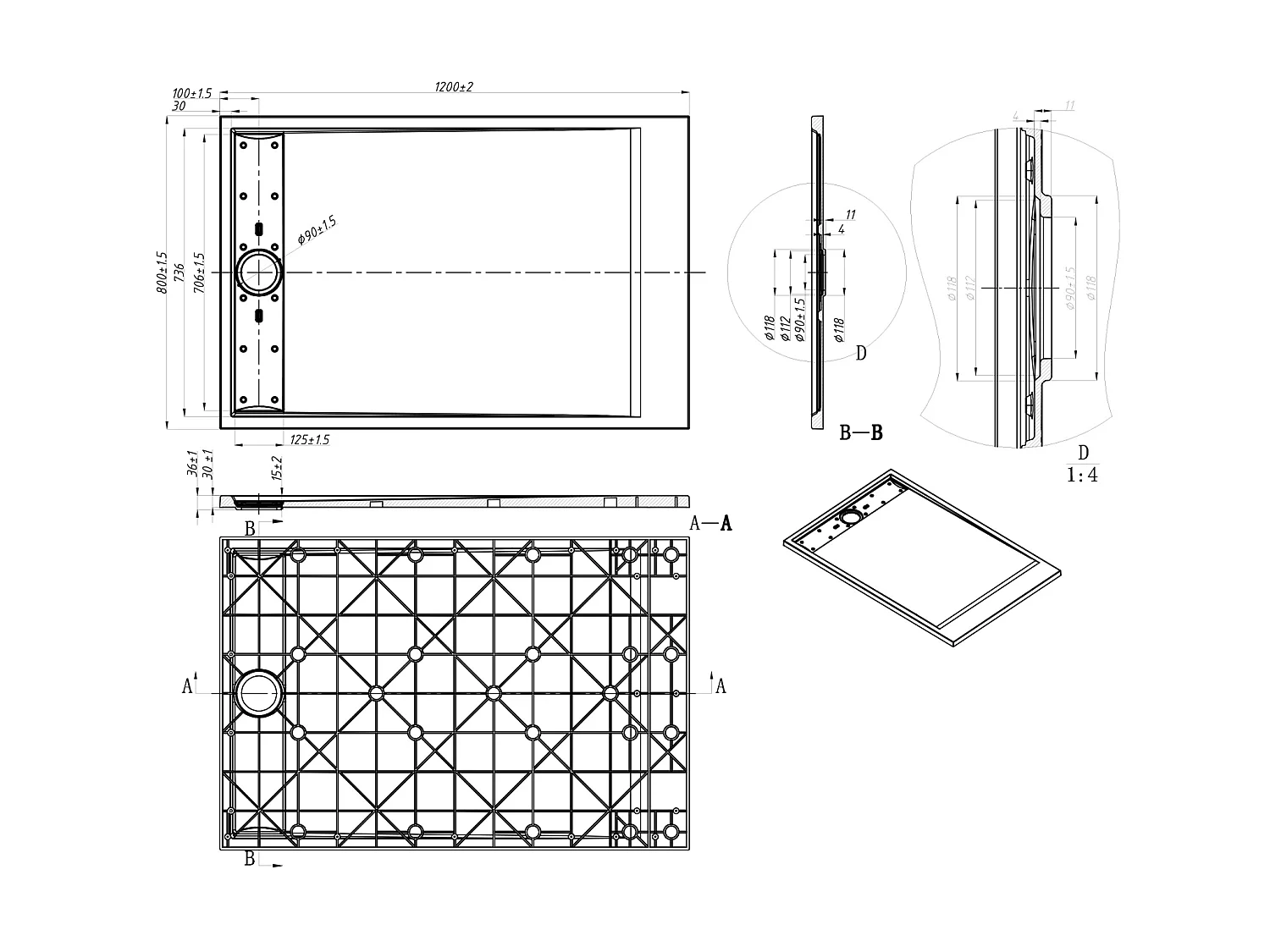 Receveur de douche extra plat à poser ou à encastrer recoupable en résine SMC - Noir - 120 x 80 cm - LYROSA