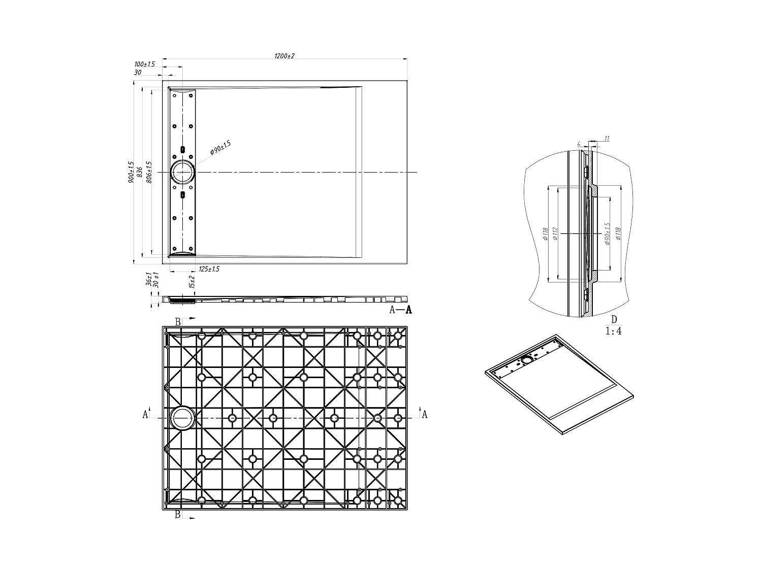 Receveur de douche extra plat à poser ou à encastrer recoupable en résine SMC - Noir - 120 x 90 cm - LYROSA