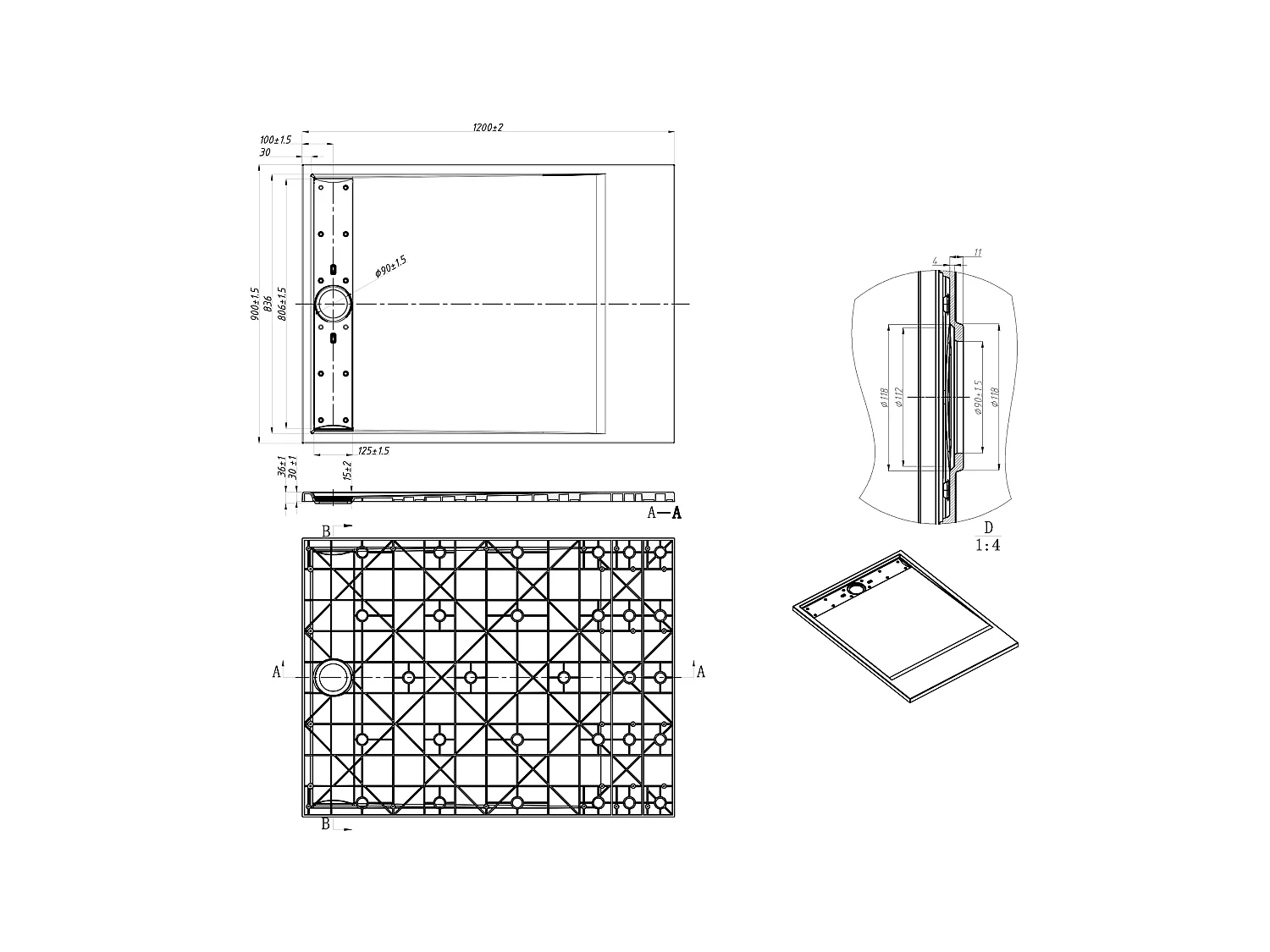 Opzet- of inbouwdouchebak van hars – Zwart – 120 x 90 cm - Snijdbaar - LYROSA