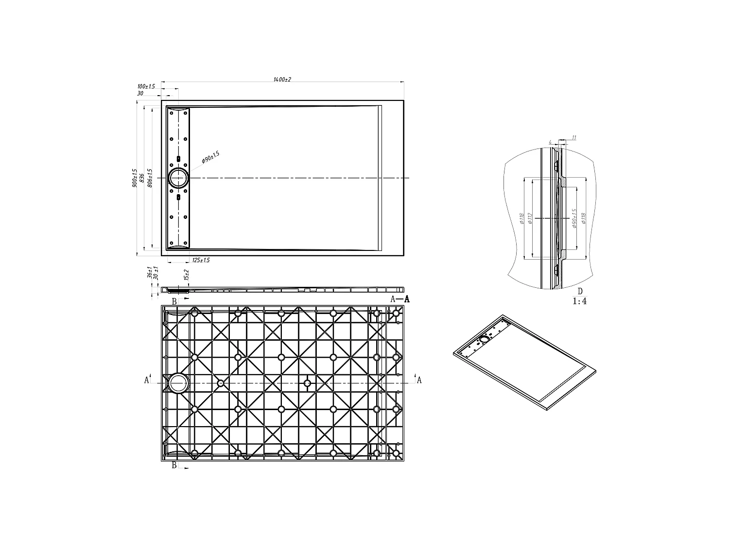Ekstra flad bruseniche til placering ovenpå eller forsænket installation, kan tilskæres, fremstillet af SMC-harpiks - Grå - 140 x 90 cm - LYROSA