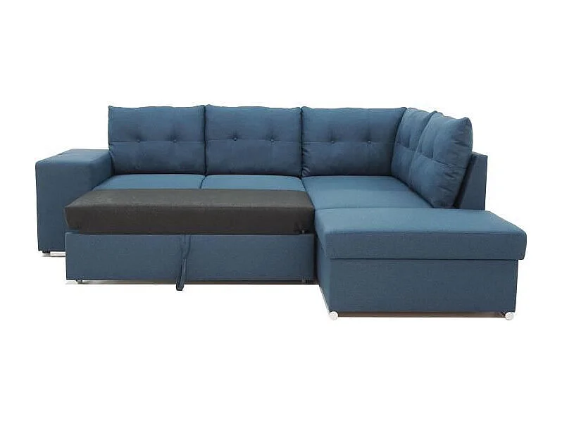 Canapé d'angle convertible réversible 4-5 places tissu bleu à coffre de rangement 245 x 205 x Hauteur 93 cm