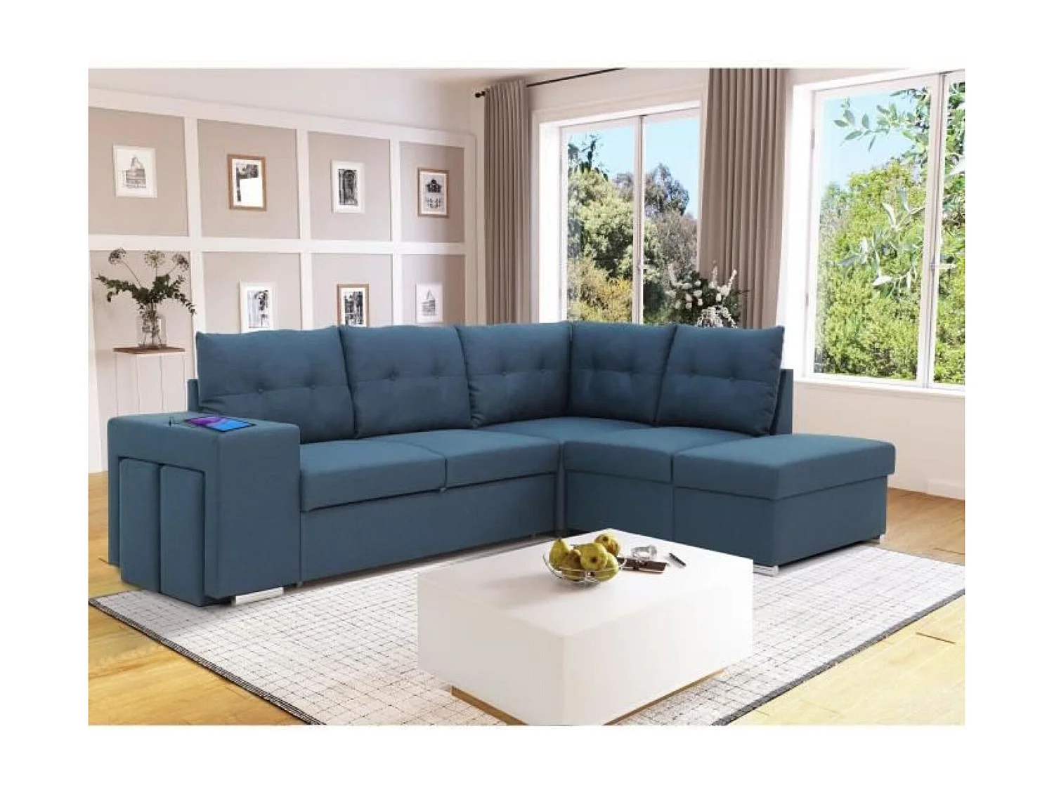 Canapé d'angle convertible réversible 4-5 places tissu bleu à coffre de rangement 245 x 205 x Hauteur 93 cm