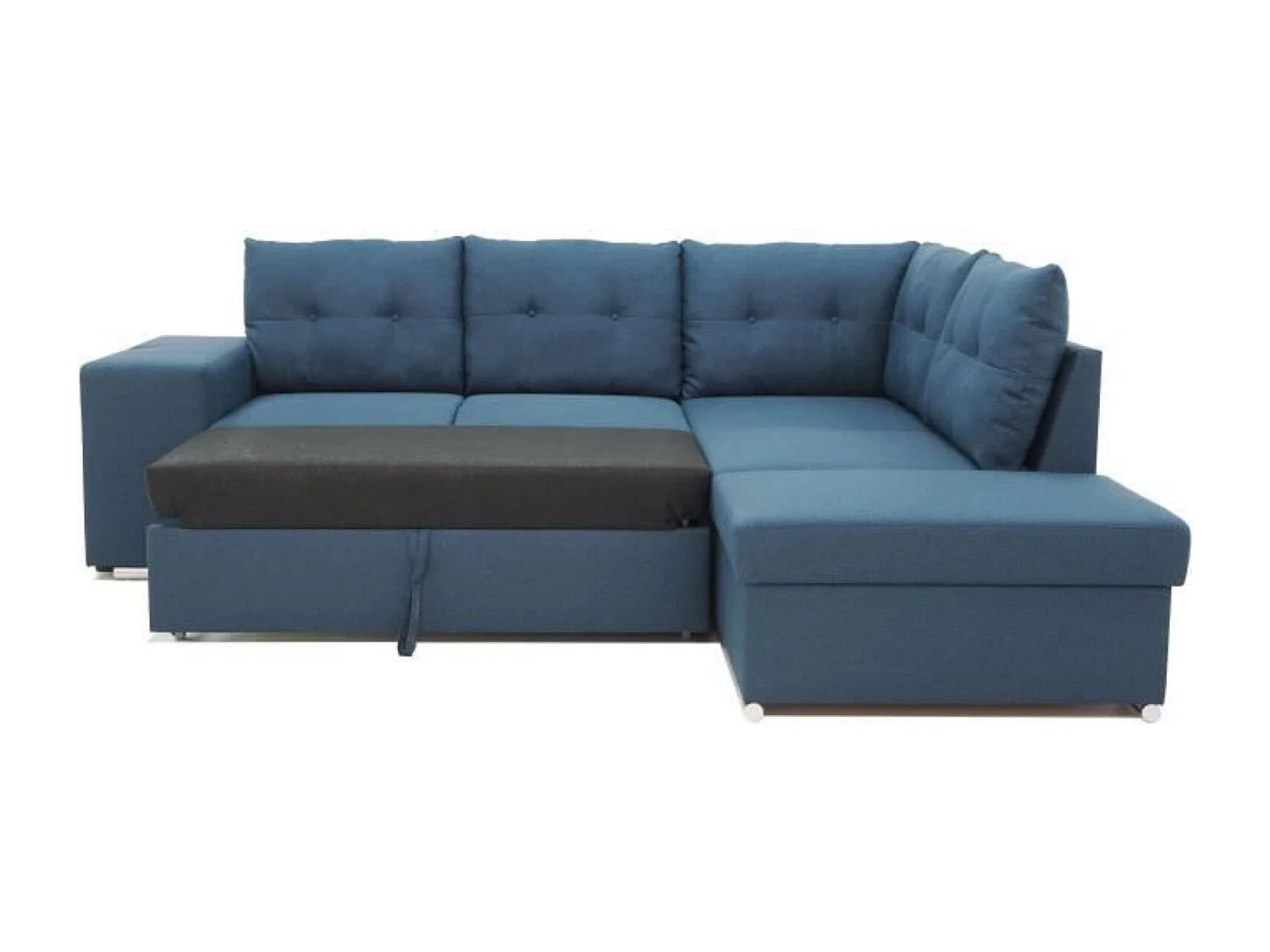 Canapé d'angle convertible réversible 4-5 places tissu bleu à coffre de rangement 245 x 205 x Hauteur 93 cm