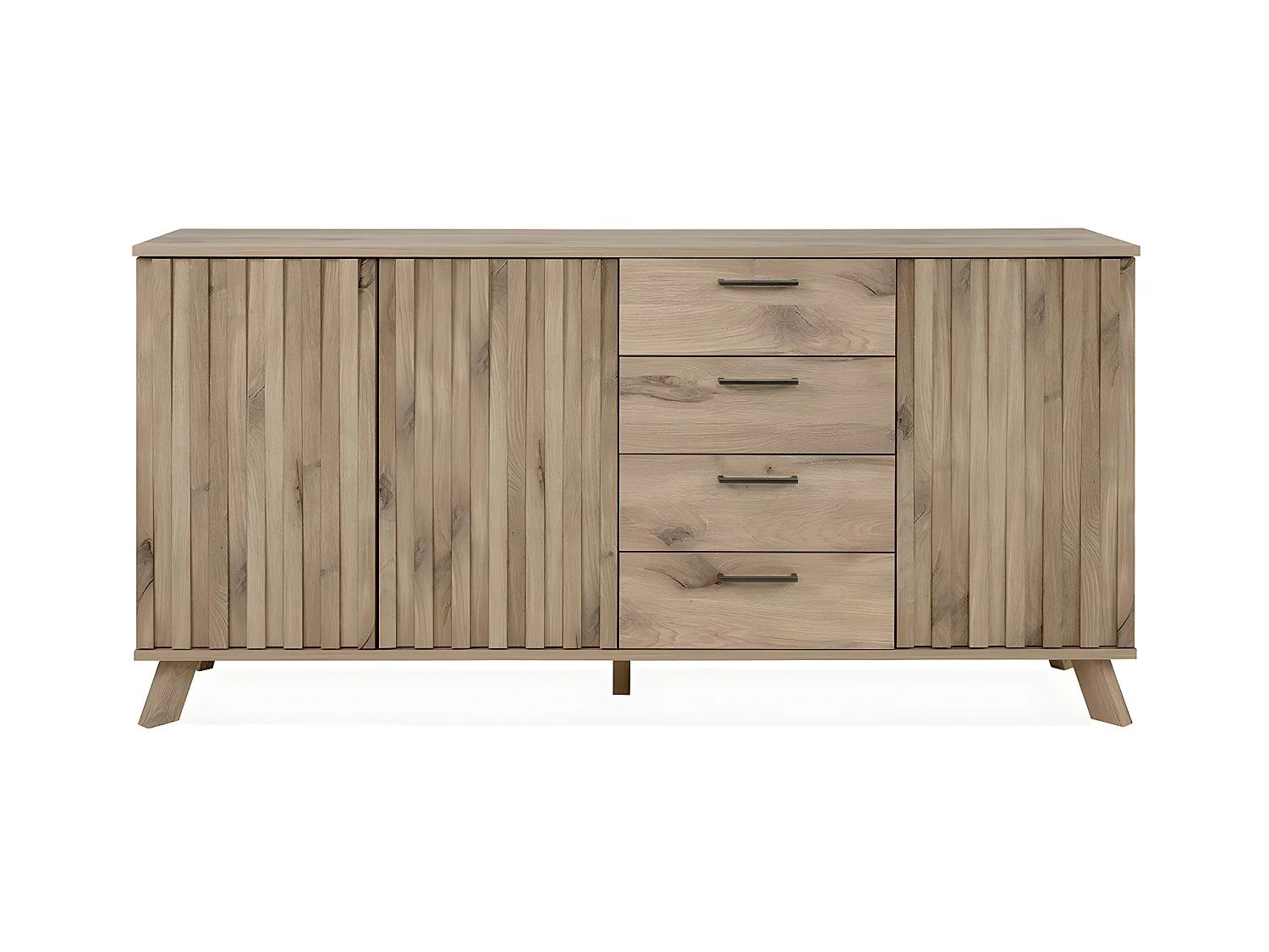 Credenza a 3 ante con 4 cassetti decoro in rovere e frontali a doghe L175 cm - Opole
