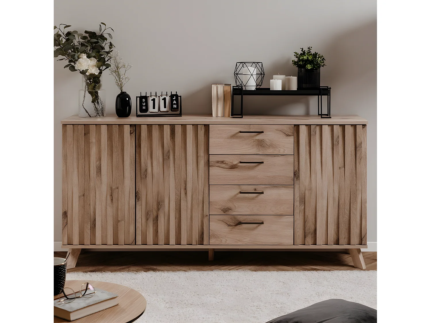 Sideboard mit 3 Türen und 4 Schubladen, im Eiche-Dekor und Stollenfronten, L175 cm - Opole