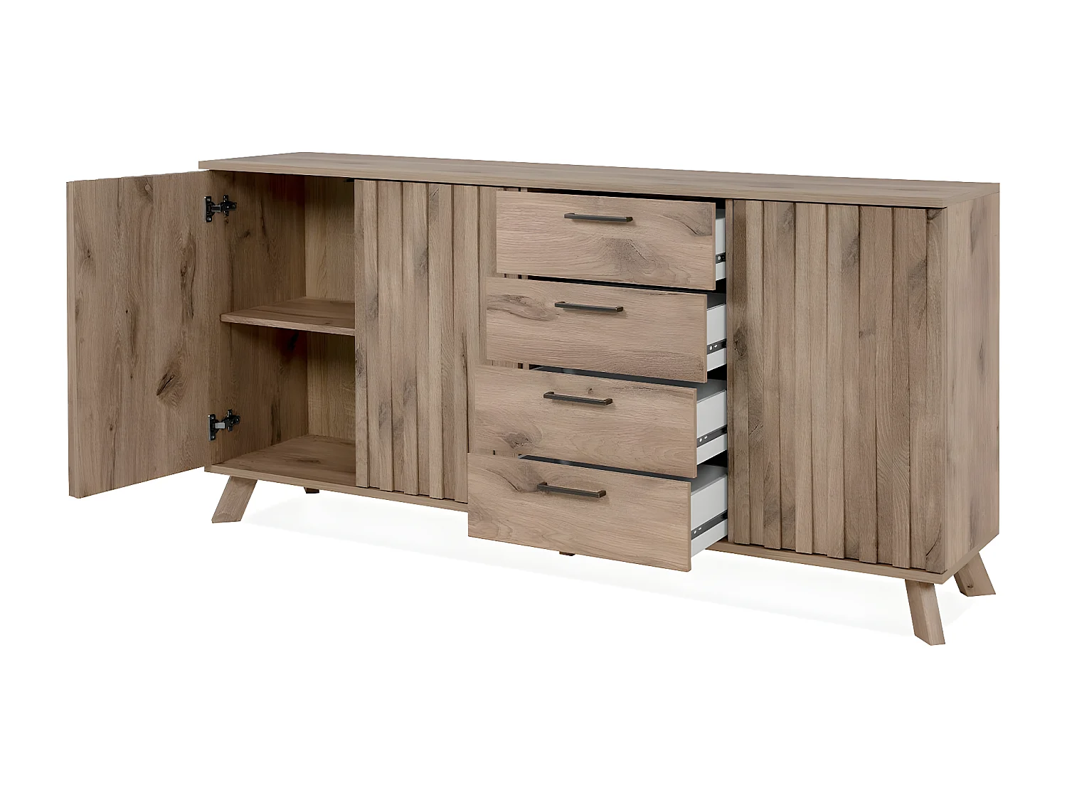 Sideboard mit 3 Türen und 4 Schubladen, im Eiche-Dekor und Stollenfronten, L175 cm - Opole