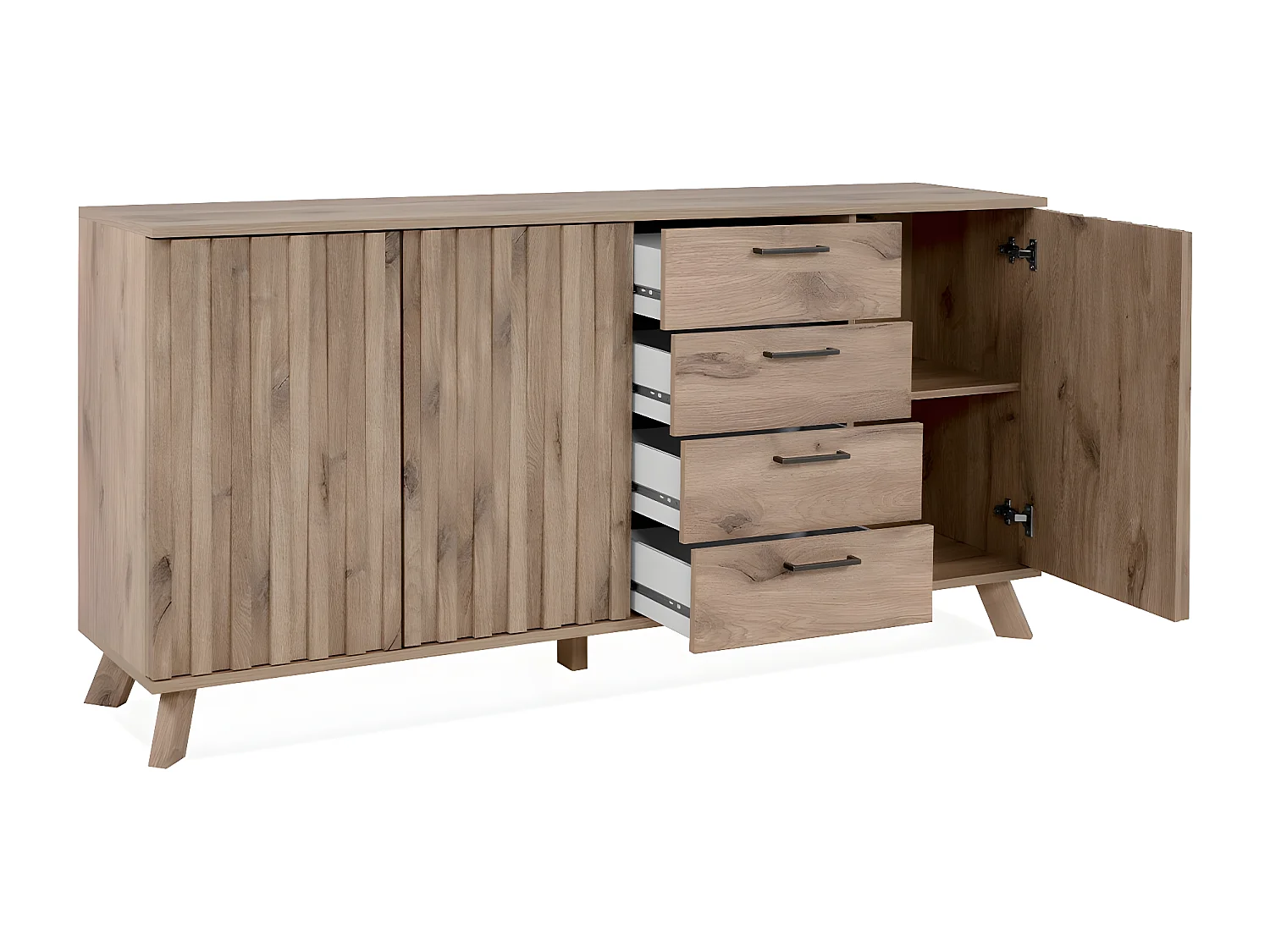 Sideboard mit 3 Türen und 4 Schubladen, im Eiche-Dekor und Stollenfronten, L175 cm - Opole