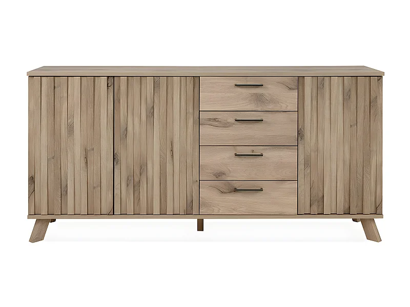 Credenza a 3 ante con 4 cassetti decoro in rovere e frontali a doghe L175 cm - Opole