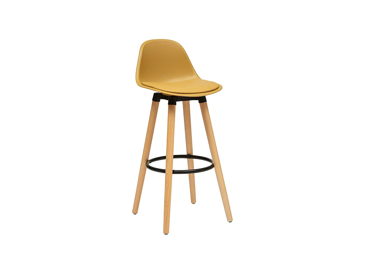 Tabouret de bar confortable Assise Jaune Ocre et Pieds en Bois H 92 cm