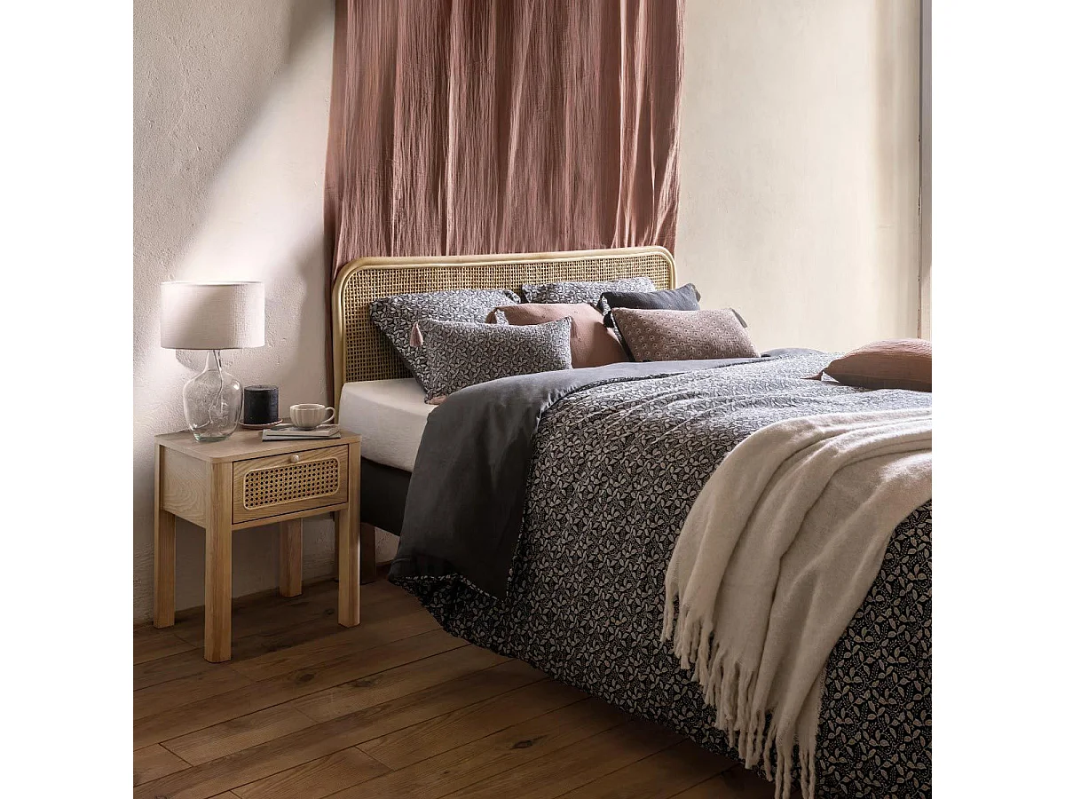 Table d'appoint Table de Chevet 1 tiroir en Bois et Rotin H 52.5 cm