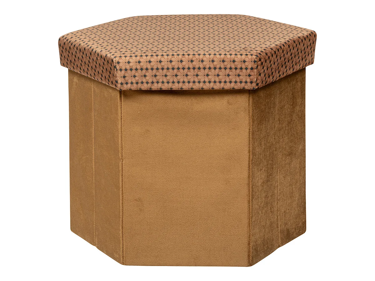 Pouf pliant et Coffre de rangement en velours Marron Caramel avec motifs