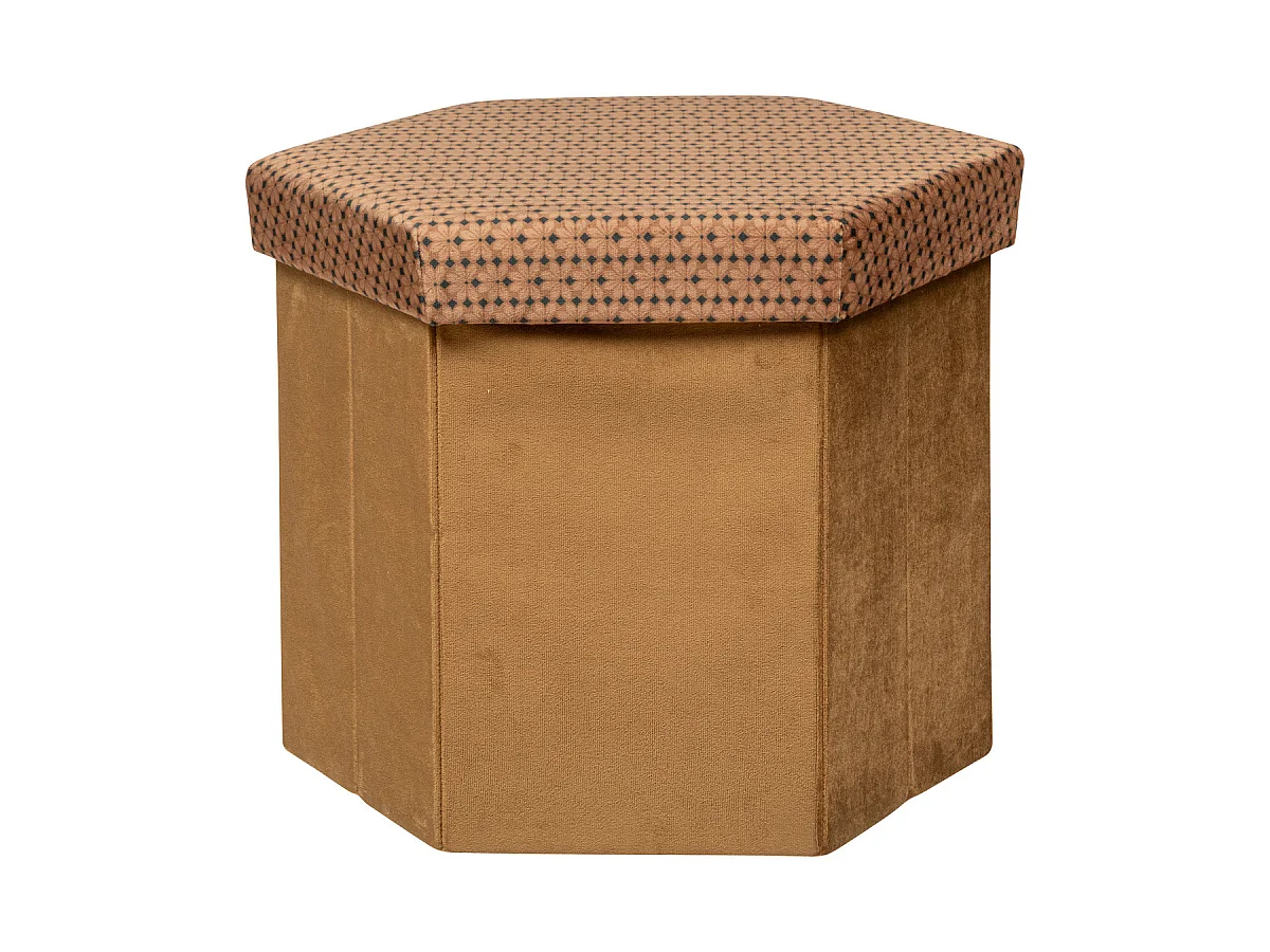 Pouf pliant et Coffre de rangement en velours Marron Caramel avec motifs
