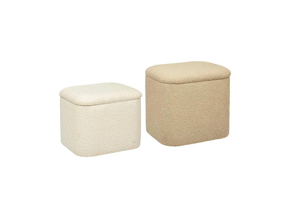 Lot de 2 Poufs Coffres de rangement en Tissu à bouclettes Beige et Blanc Ivoire