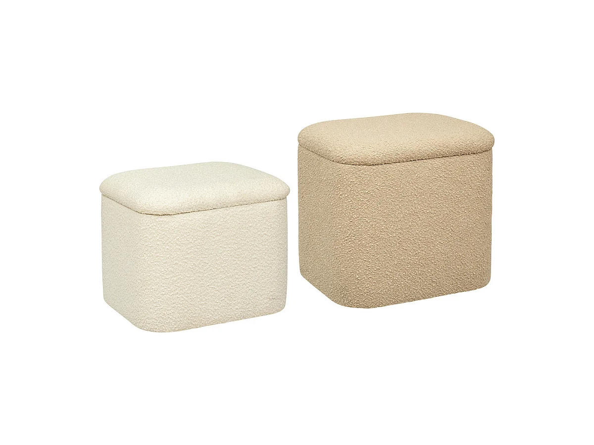 Lot de 2 Poufs Coffres de rangement en Tissu à bouclettes Beige et Blanc Ivoire