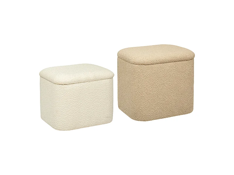 Lot de 2 Poufs Coffres de rangement en Tissu à bouclettes Beige et Blanc Ivoire