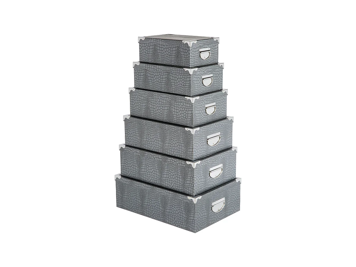 Lot de 6 Boites de rangement avec coins en métal effet croco Gris