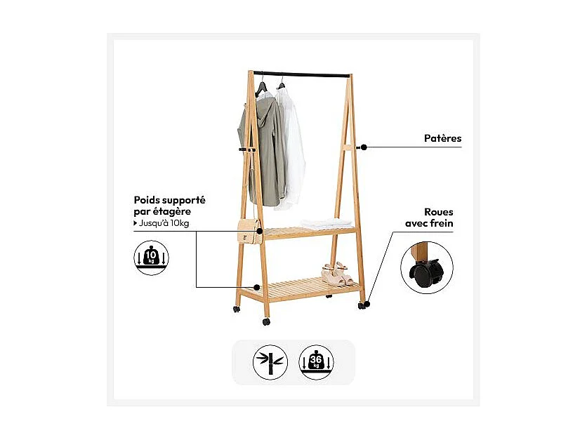 Penderie Portant à vêtements en Bambou avec 2 étagères H 163 cm