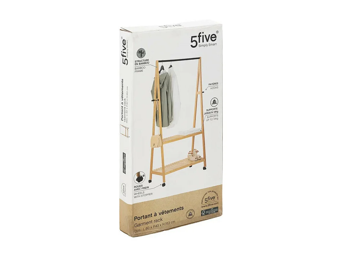 Penderie Portant à vêtements en Bambou avec 2 étagères H 163 cm