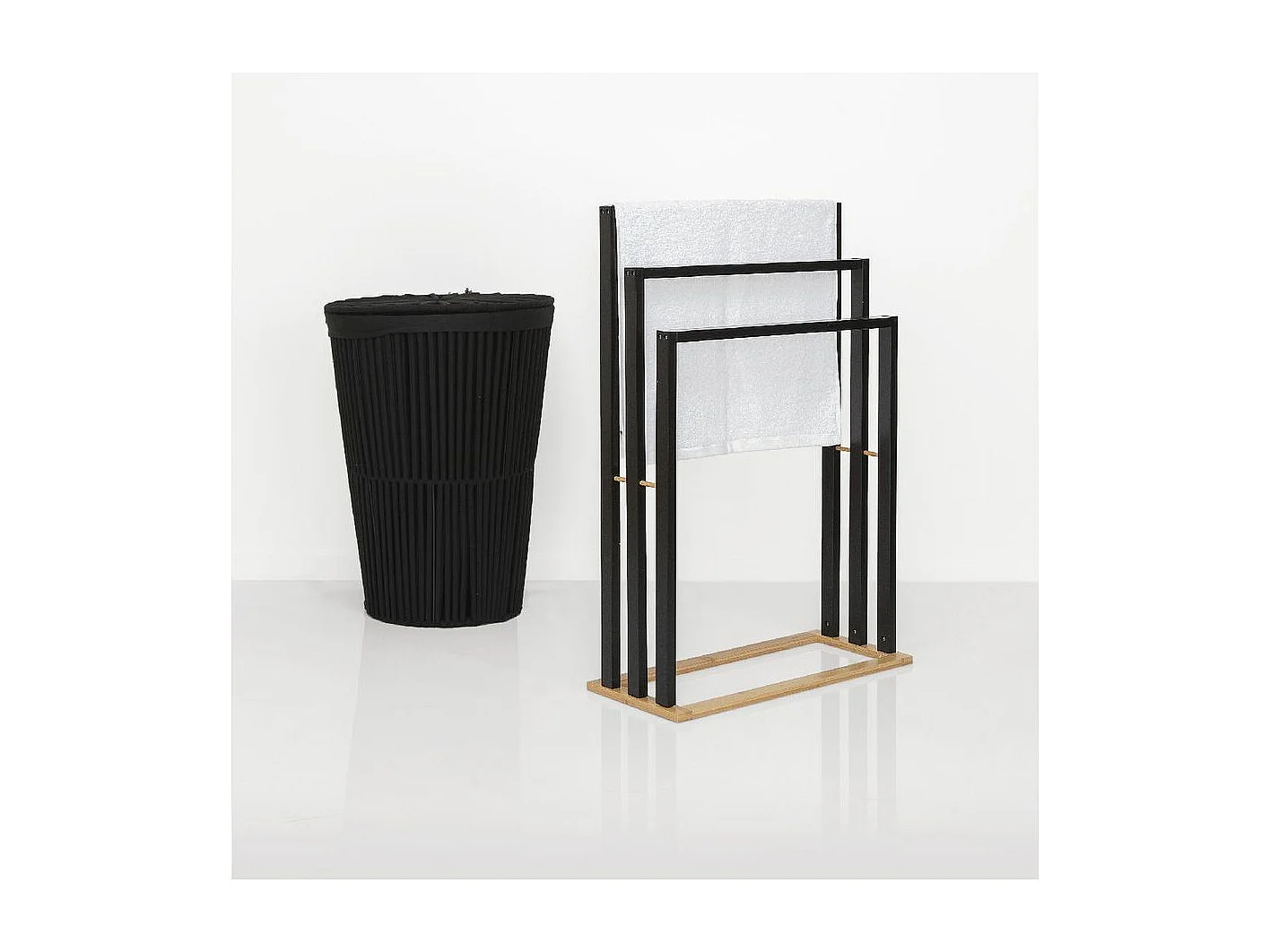 Porte-serviettes 3 Barres en Bambou et Bois Noir H 82 cm