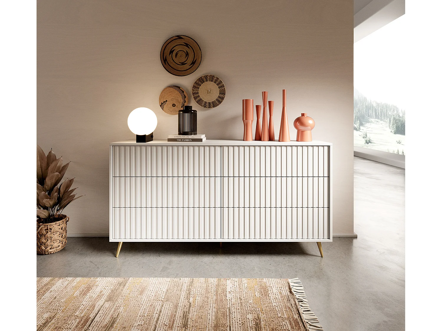 Commode avec six tiroirs - 154cm - Blanc avec pieds dorés - Bello