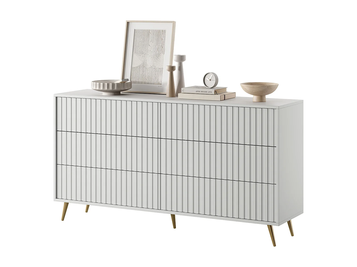 Commode avec six tiroirs - 154cm - Blanc avec pieds dorés - Bello