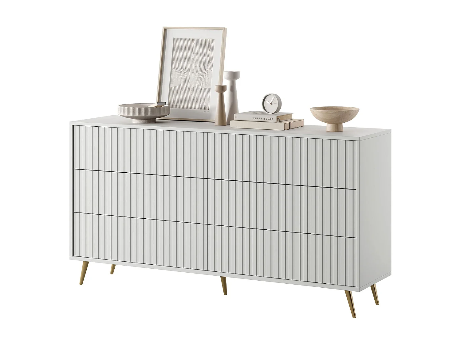 Commode avec six tiroirs - 154cm - Blanc avec pieds dorés - Bello