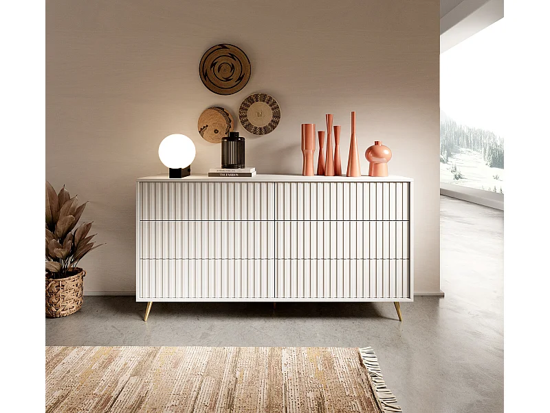 Commode avec six tiroirs - 154cm - Blanc avec pieds dorés - Bello