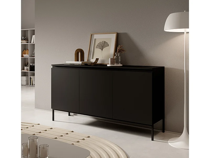 Commode à trois portes - 150 cm - noir avec pieds noirs - Bemmi
