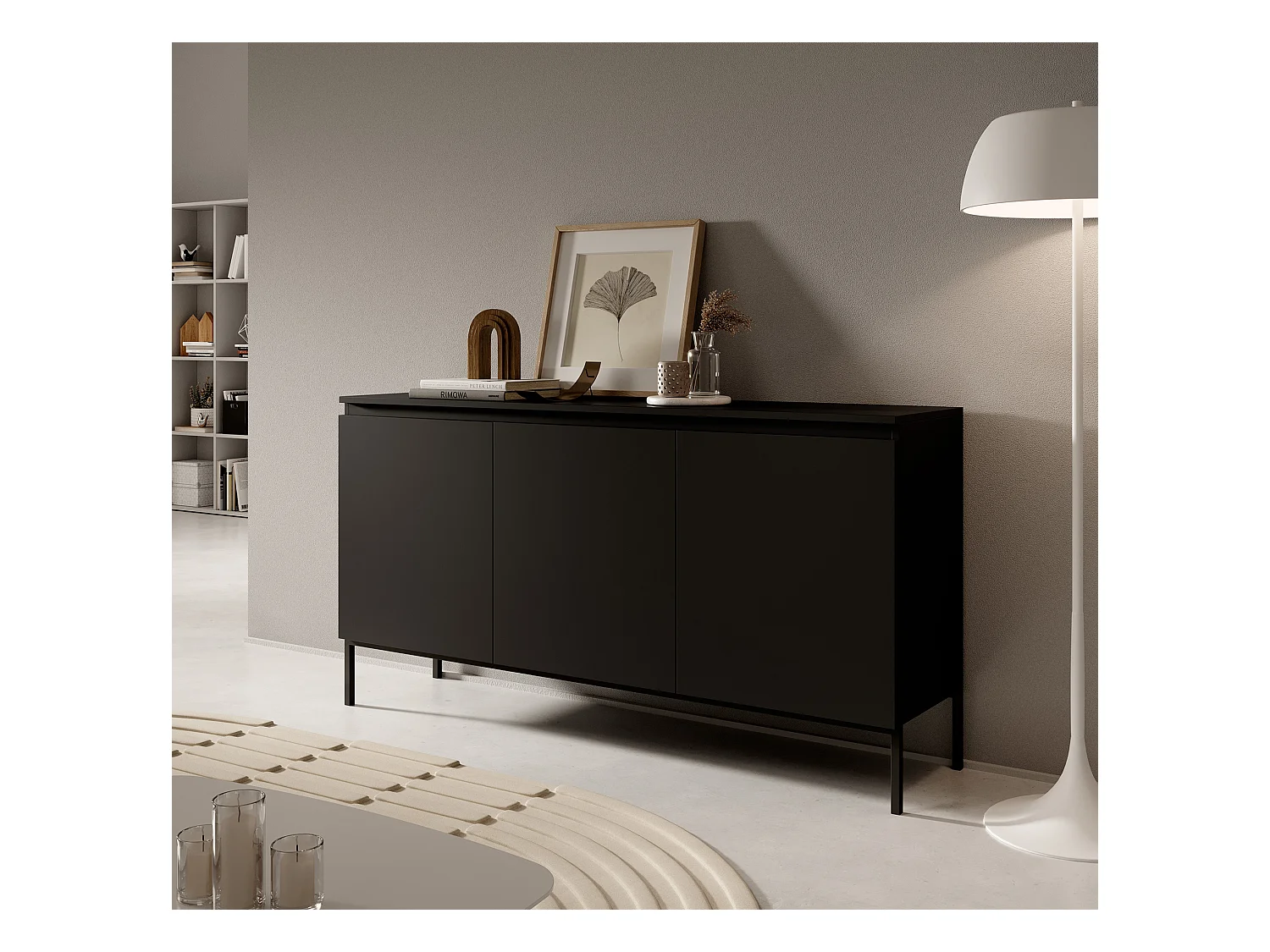 Commode à trois portes - 150 cm - noir avec pieds noirs - Bemmi