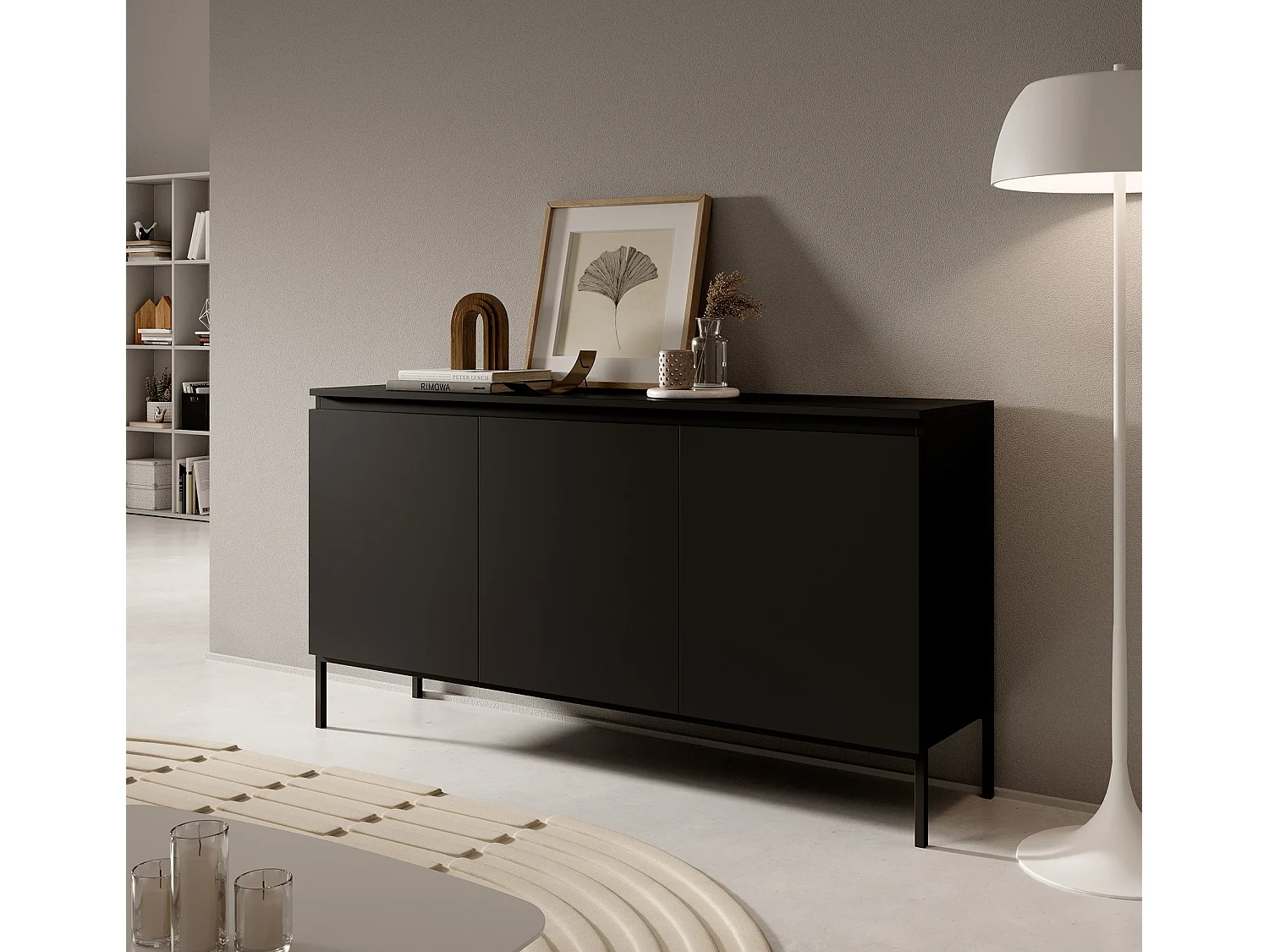 Commode à trois portes - 150 cm - noir avec pieds noirs - Bemmi