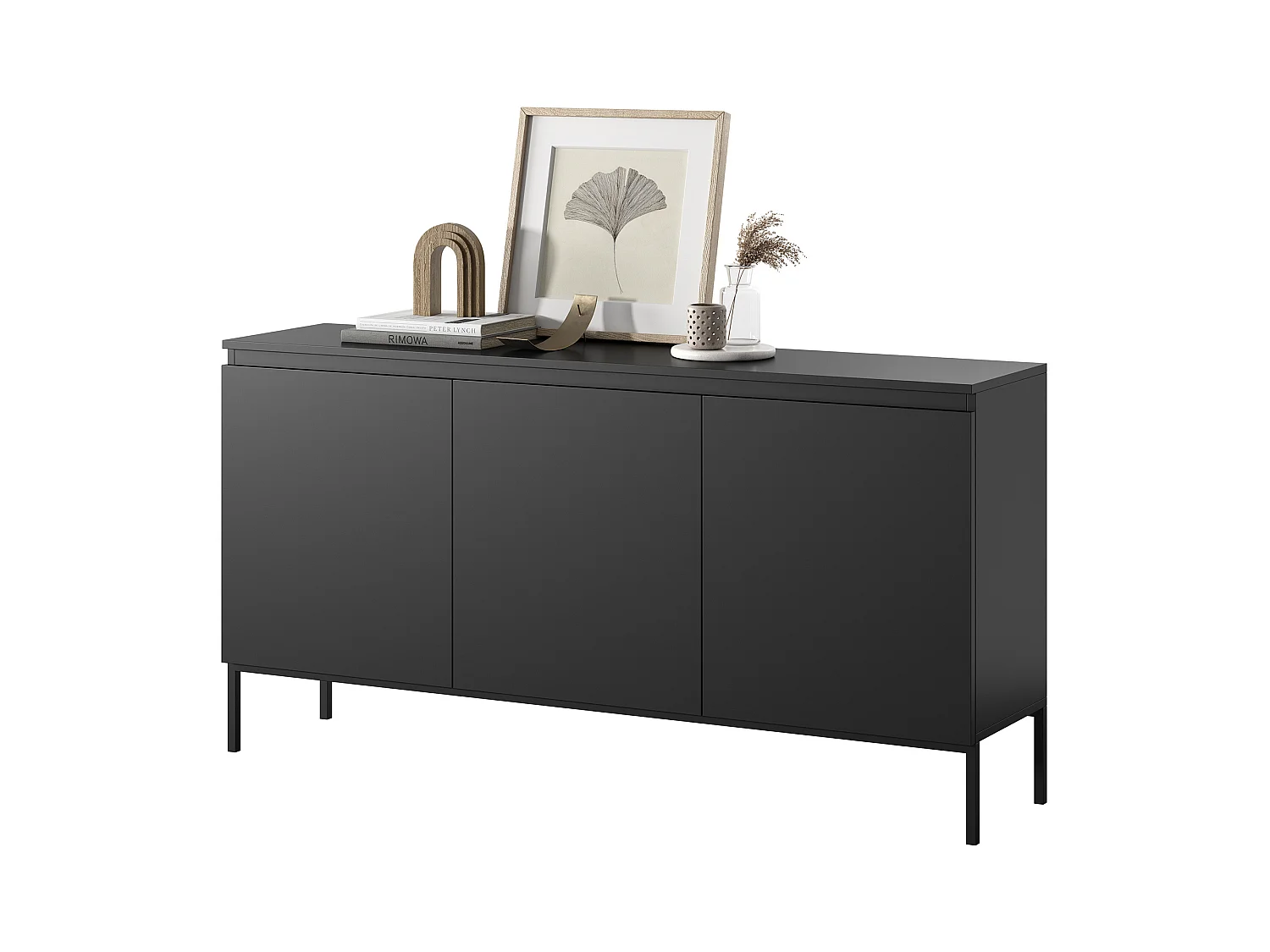 Commode à trois portes - 150 cm - noir avec pieds noirs - Bemmi