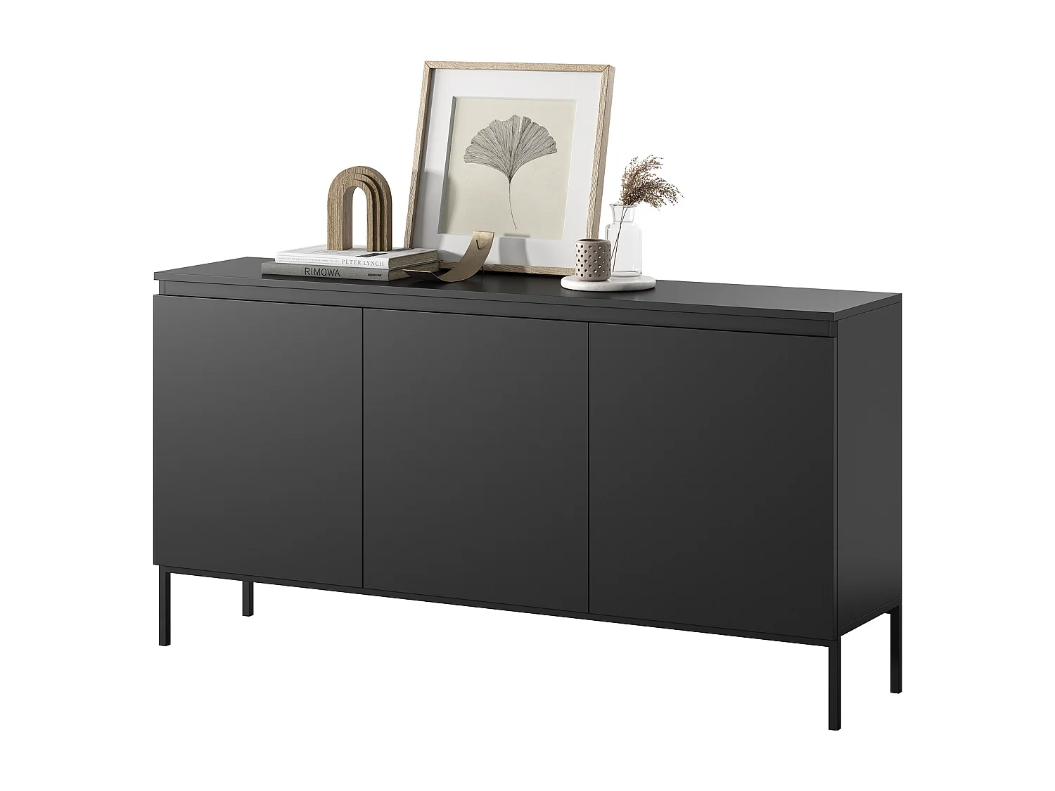 Commode à trois portes - 150 cm - noir avec pieds noirs - Bemmi