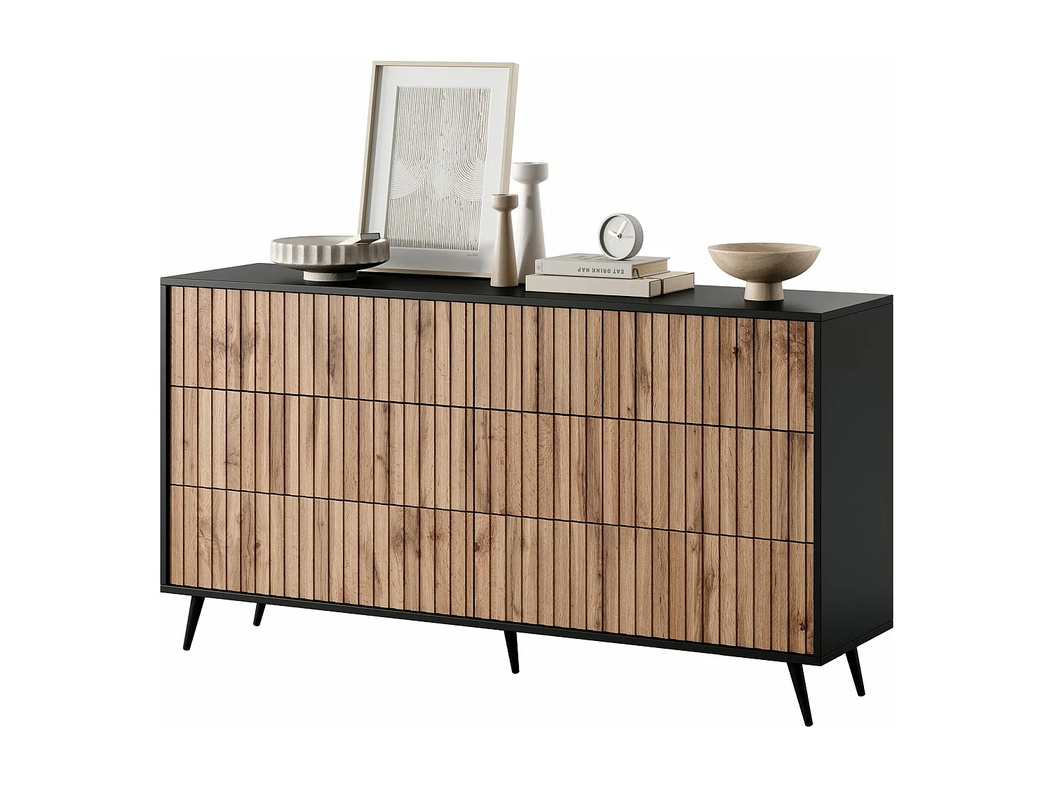 Commode avec six tiroirs - 154cm - Noir/Chene wotan - Bello