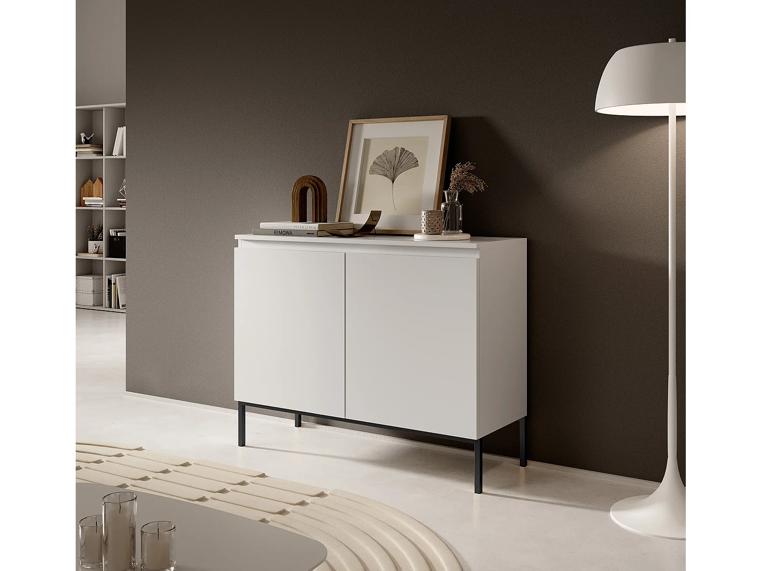 Sideboard Kommode 2-türig, Weiß mit schwarzen Beinen, 100 cm - Bemmi