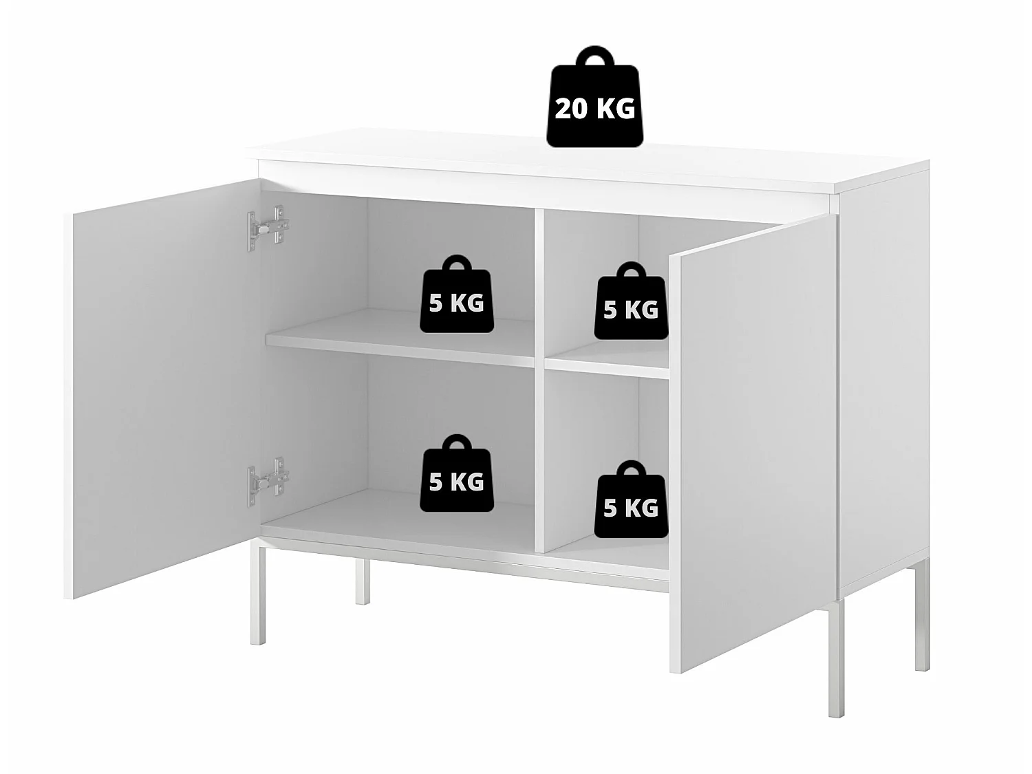 Sideboard Kommode 2-türig, Weiß mit schwarzen Beinen, 100 cm - Bemmi