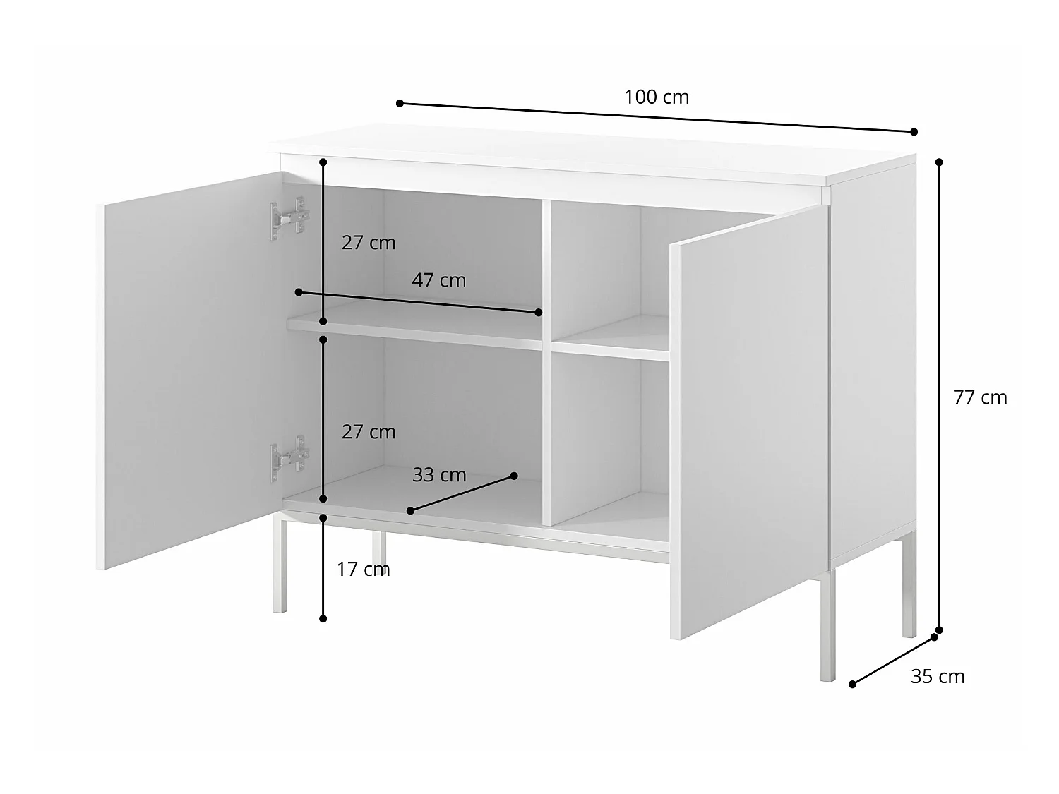 Commode à deux portes - 100 cm - blanc avec pieds noirs - Bemmi