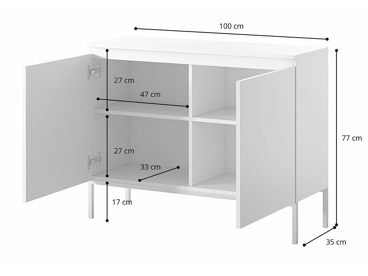 Commode à deux portes - 100 cm - blanc avec pieds noirs - Bemmi