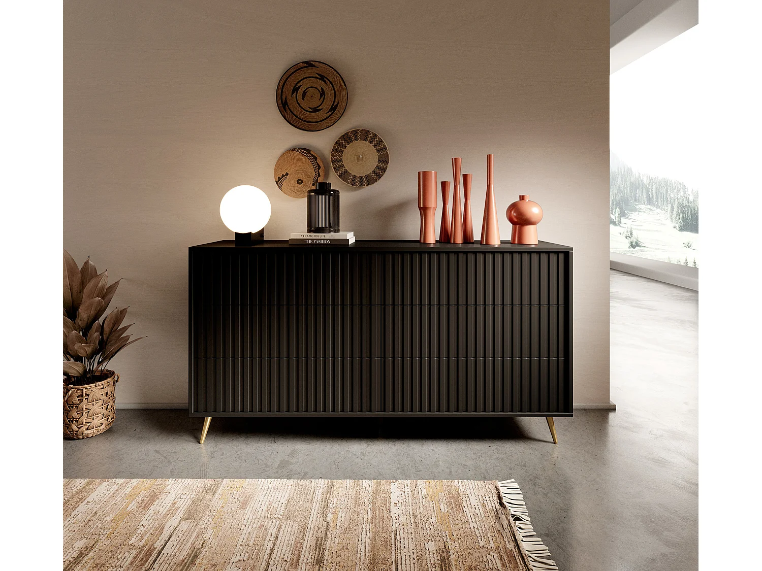 Kommode Doppelkommode mit 6 Schubladen Schwarz mit goldenen Füßen 154 cm - BELLO