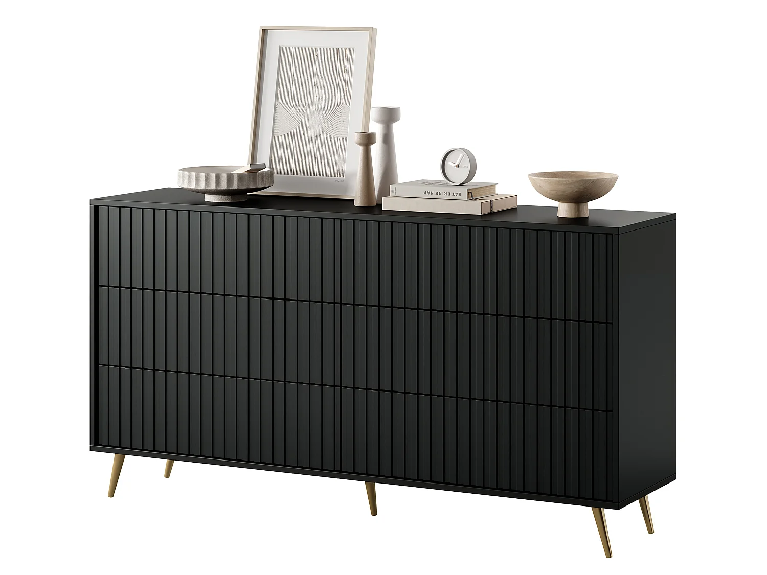 Commode avec six tiroirs - 154cm - Noir avec pieds dorés - Bello