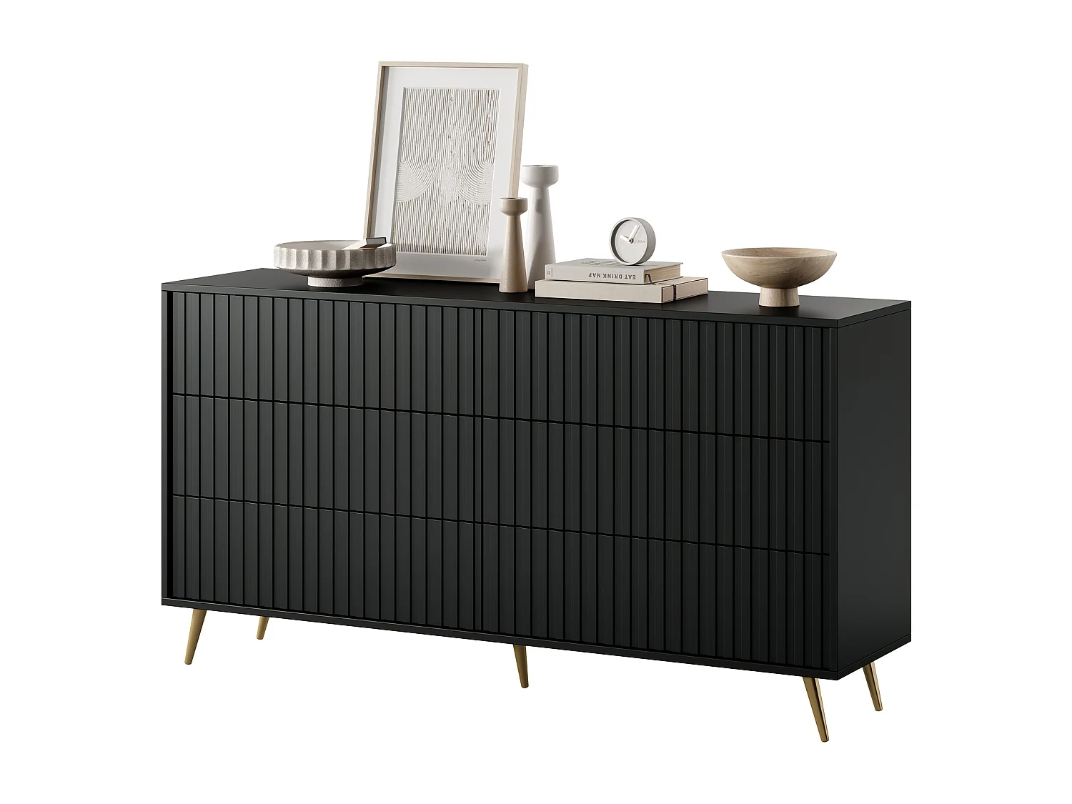 Commode avec six tiroirs - 154cm - Noir avec pieds dorés - Bello