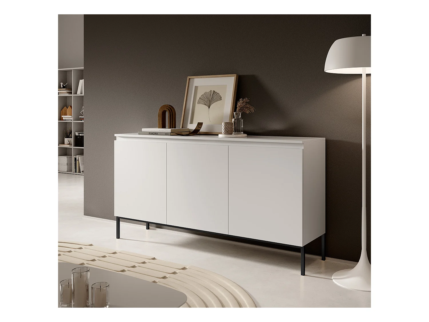 Commode à trois portes - 150 cm - blanc avec pieds noirs - Bemmi