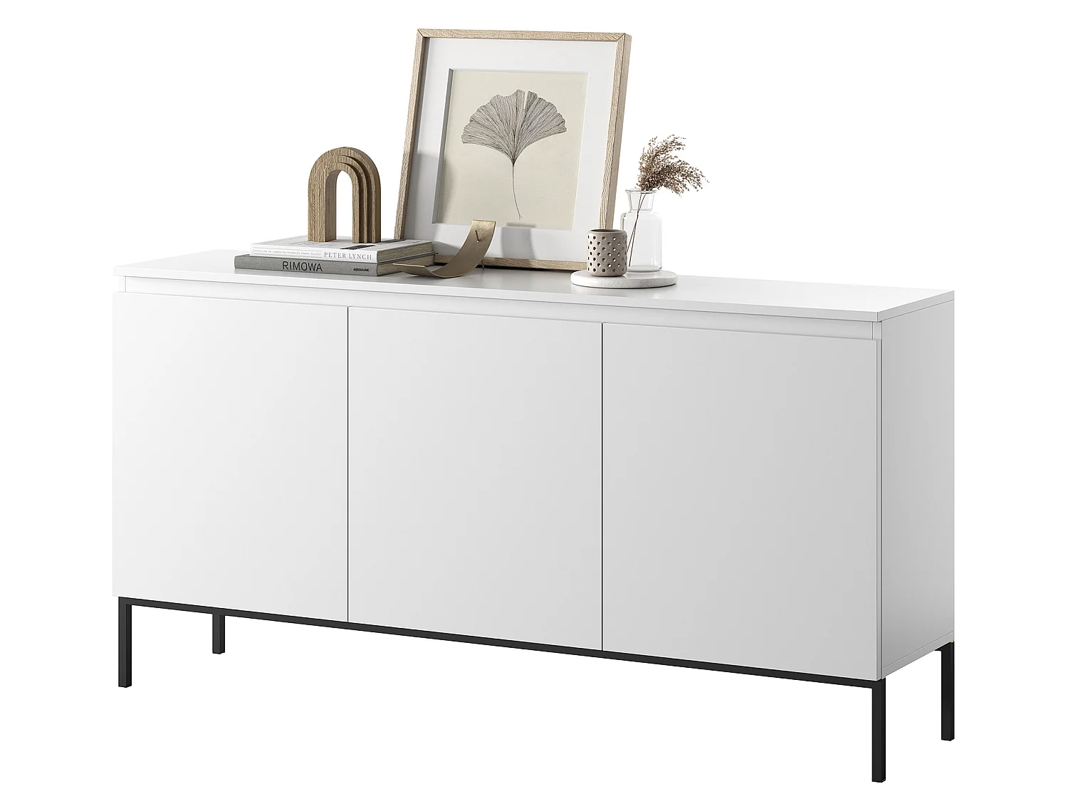 Commode à trois portes - 150 cm - blanc avec pieds noirs - Bemmi