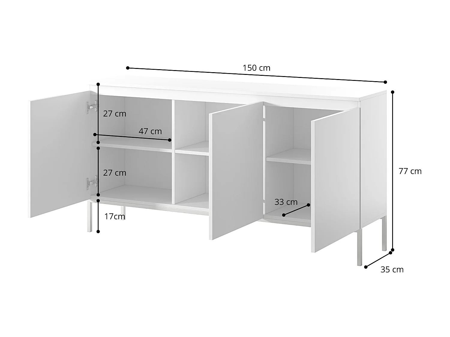 Dreitürige Kommode - 150 cm - weiß mit schwarzen Beinen - Bemmi