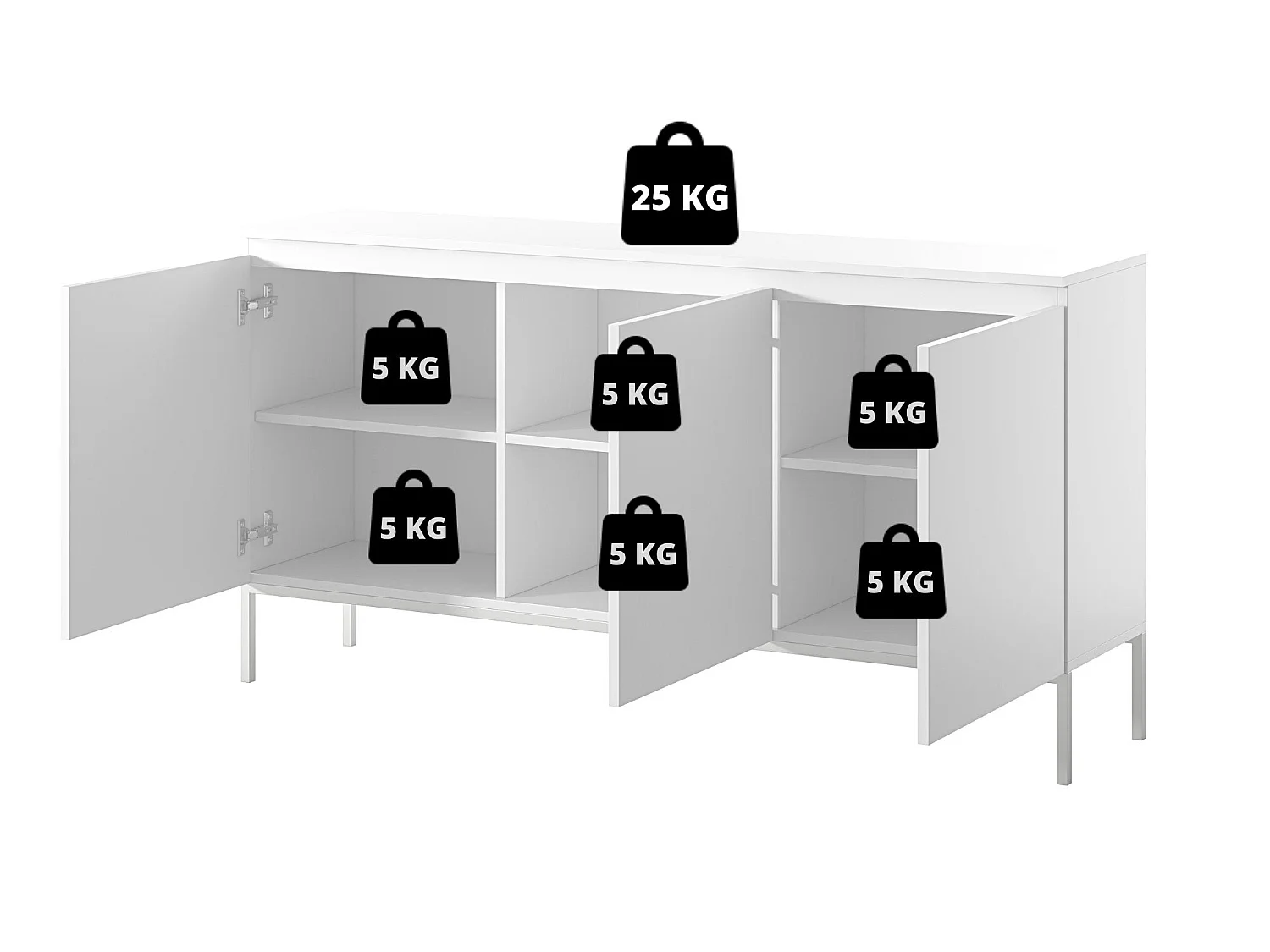 Commode à trois portes - 150 cm - blanc avec pieds noirs - Bemmi