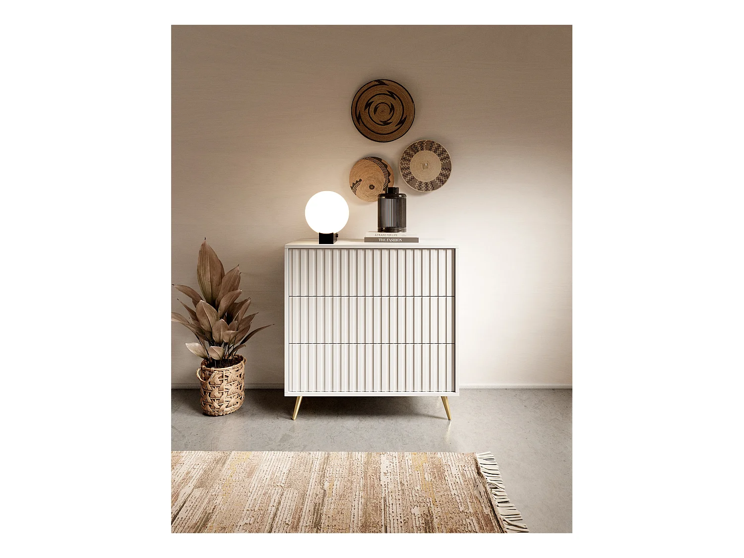 Kommode Doppelkommode mit 3 Schubladen Weiß mit goldenen Füßen 79 cm - BELLO