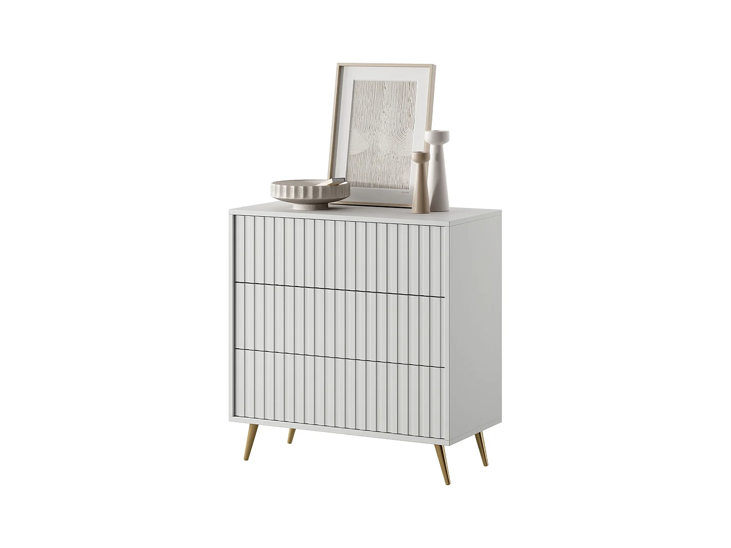 Kommode Doppelkommode mit 3 Schubladen Weiß mit goldenen Füßen 79 cm - BELLO